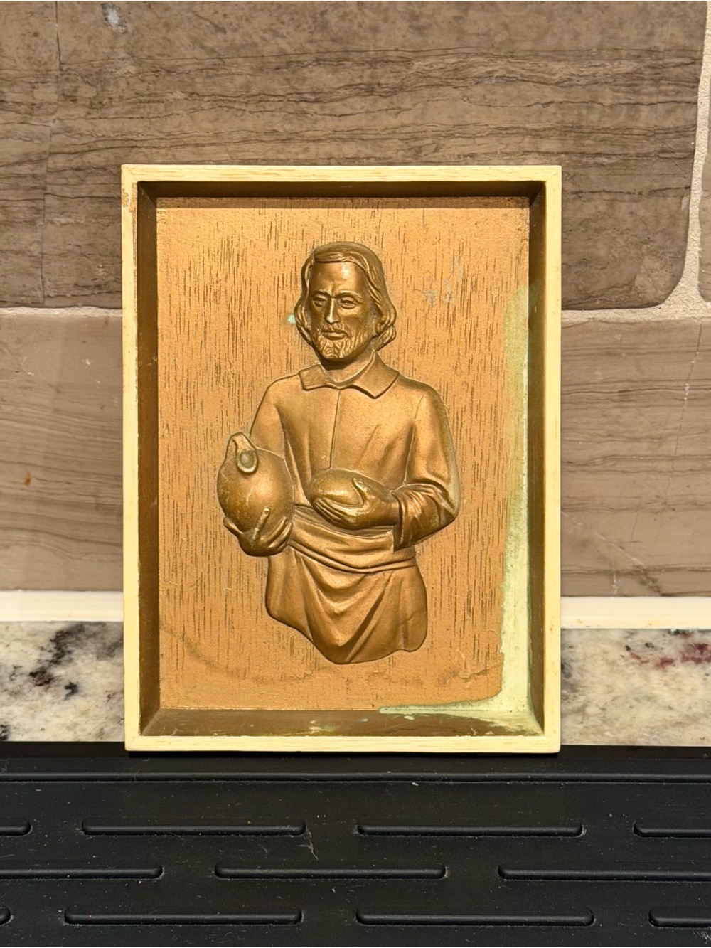 Vintage Gold Tone Religious Wall Plaque Figurine Saint Pitcher Bread Decor
